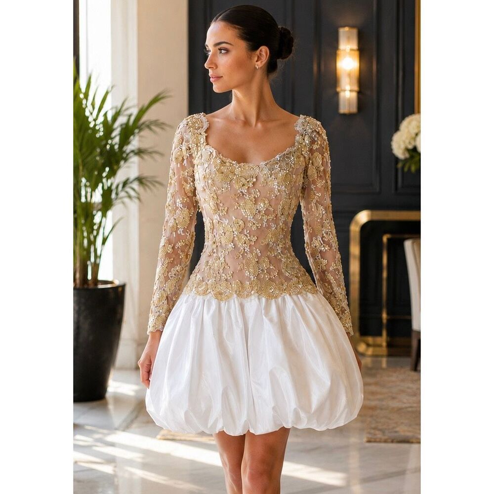 Vintage Rose Taft Gold Sequin Bubble Hem Cocktail Dress Size 6 80s Formal Prom